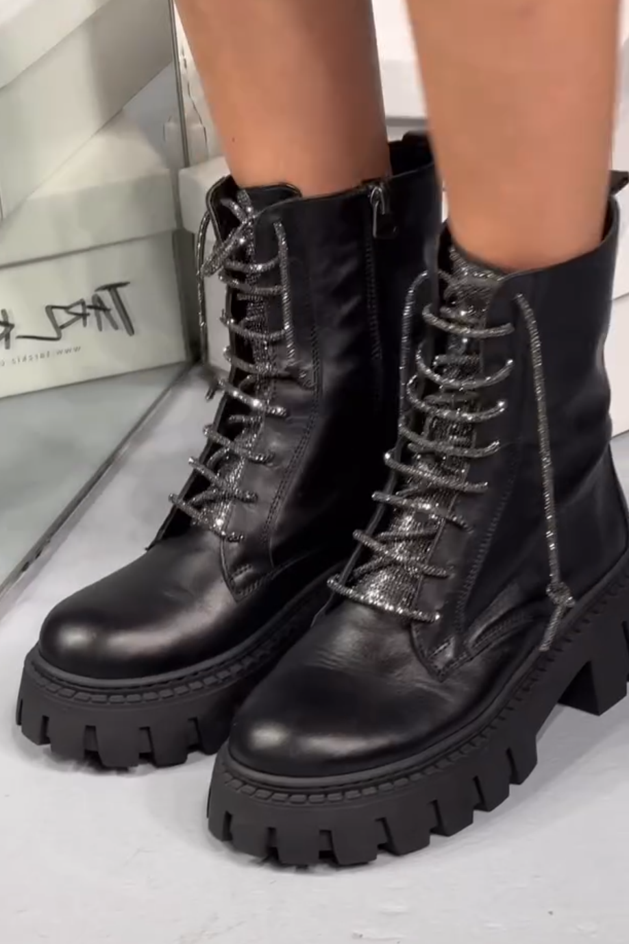 Black Rhinestone Laced Chunky Boots