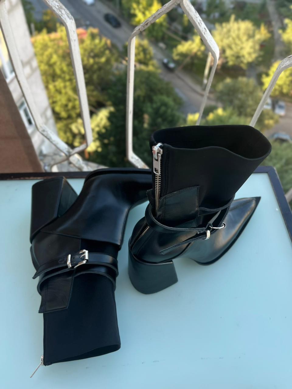 Black Pointed Toe Buckled Ankle Boots