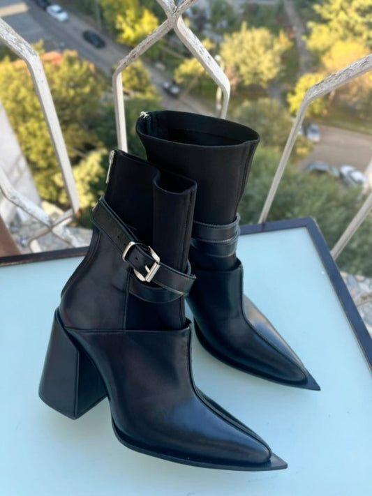 Black Pointed Toe Buckled Ankle Boots