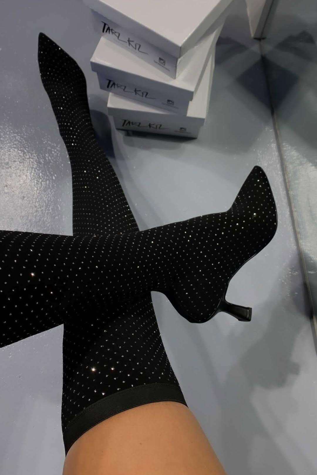 Rhinestone Thigh - High Stiletto Boots