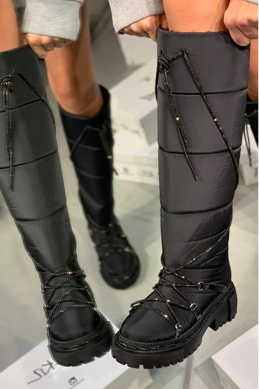 Black Quilted Lace - Up Knee - High Boots
