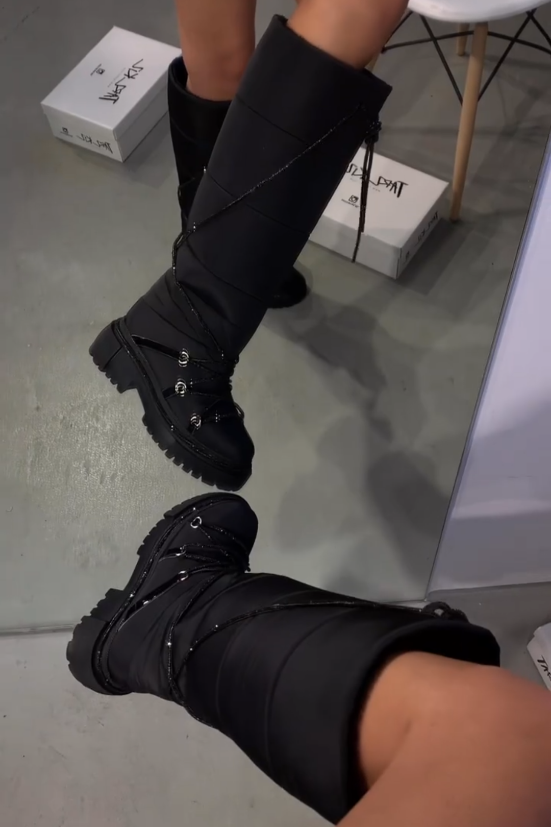 Black Quilted Lace - Up Knee - High Boots