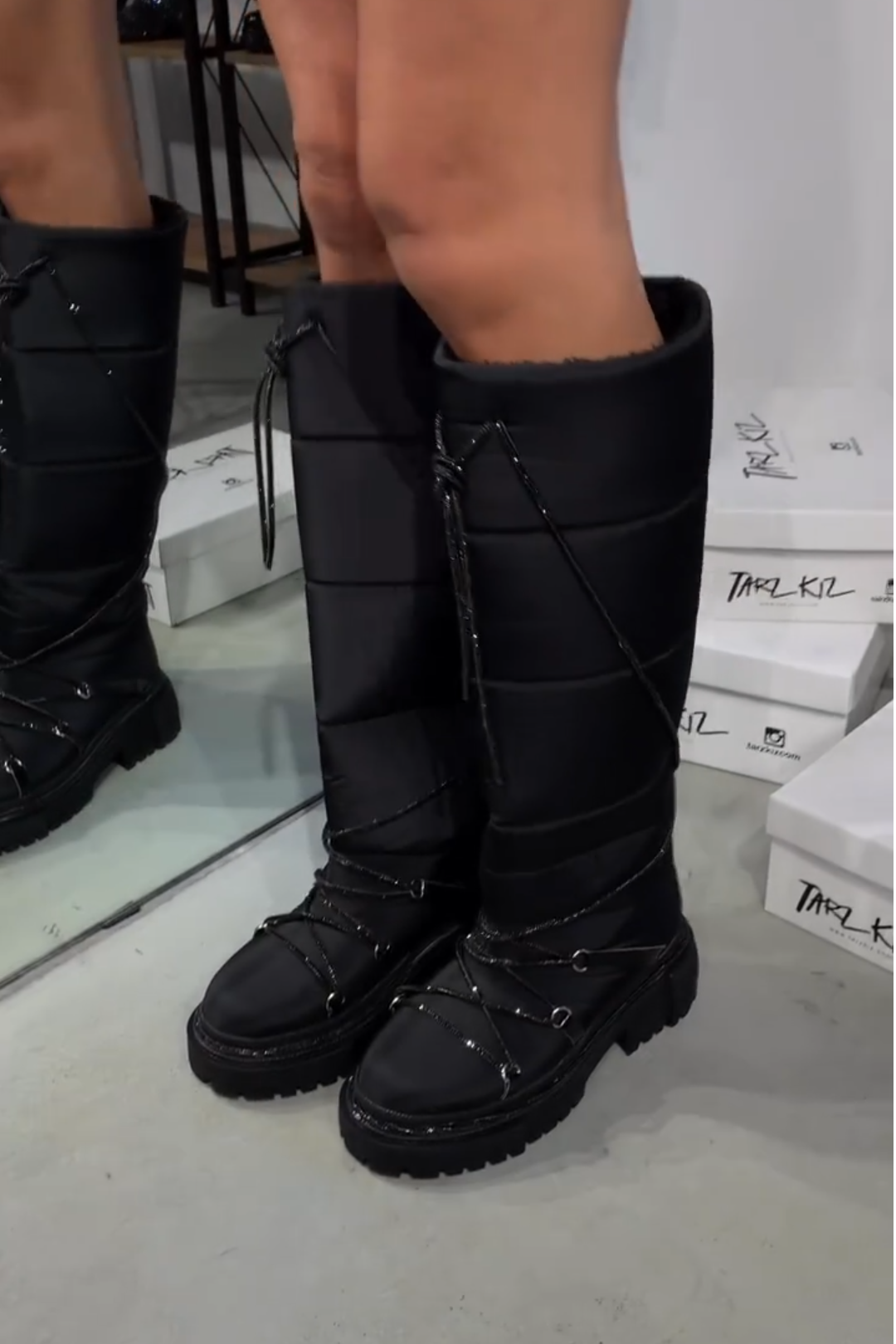 Black Quilted Lace - Up Knee - High Boots