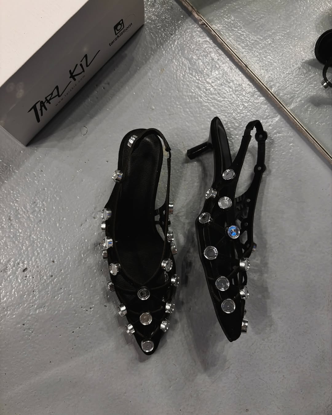 Rhinestone Studded Black Slingback Flats