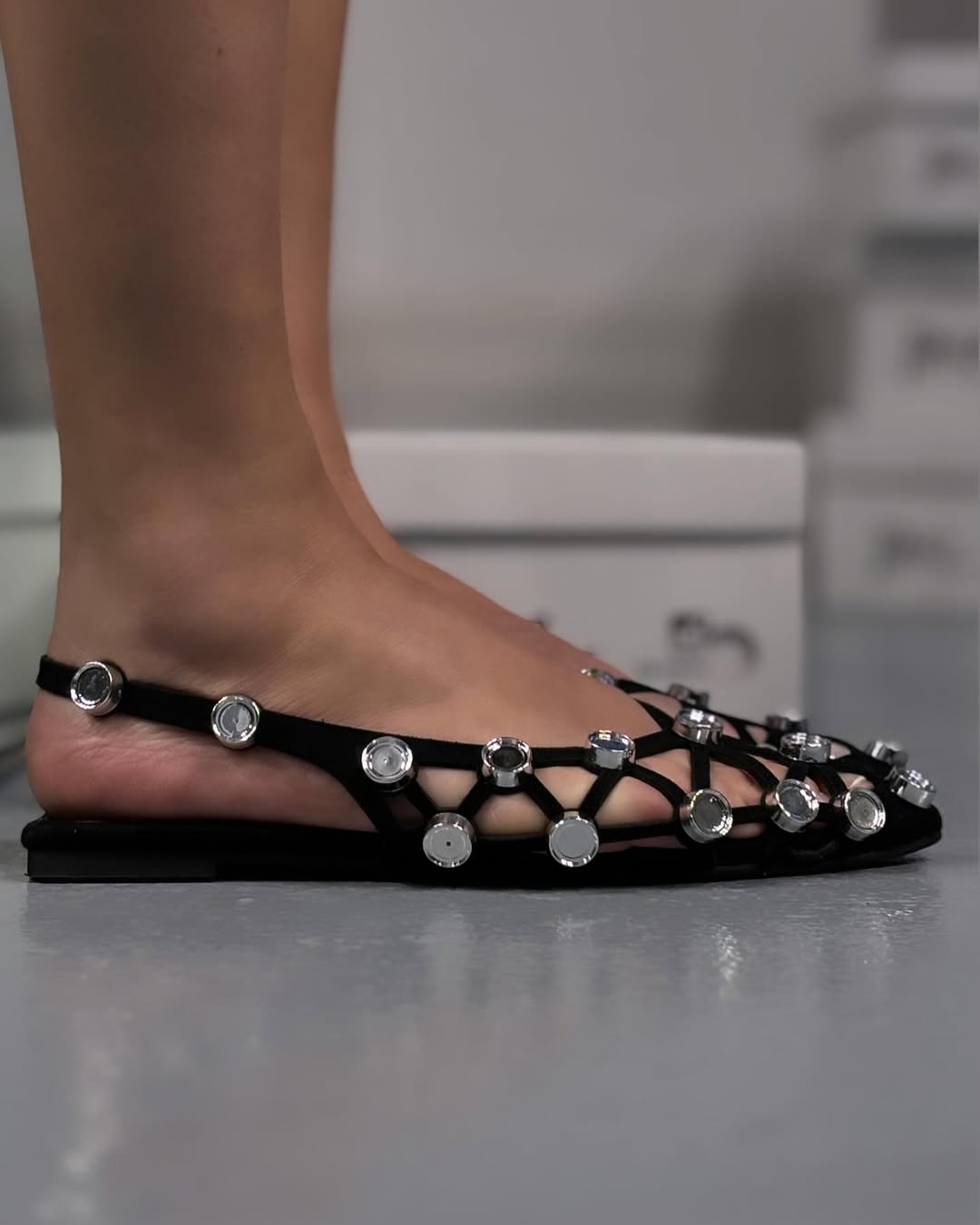 Rhinestone Studded Black Slingback Flats