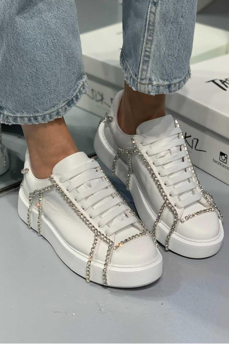 Rhinestone - Embellished White Sneakers