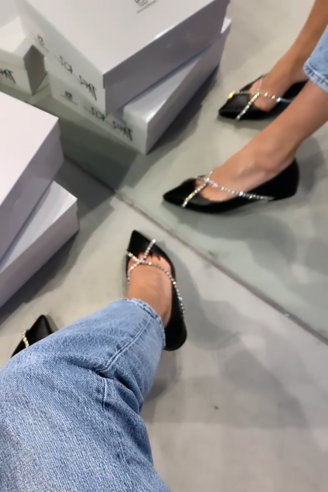 Black Rhinestone Strap Pointed Flats