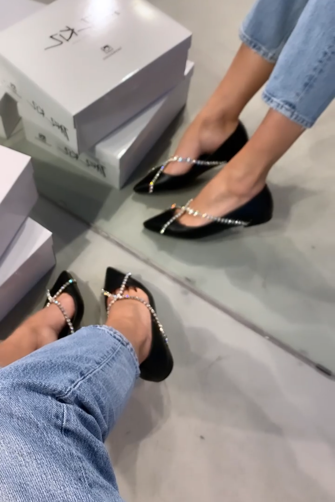 Black Rhinestone Strap Pointed Flats