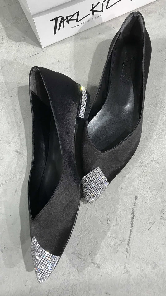 Black Satin Flats with Rhinestone Details