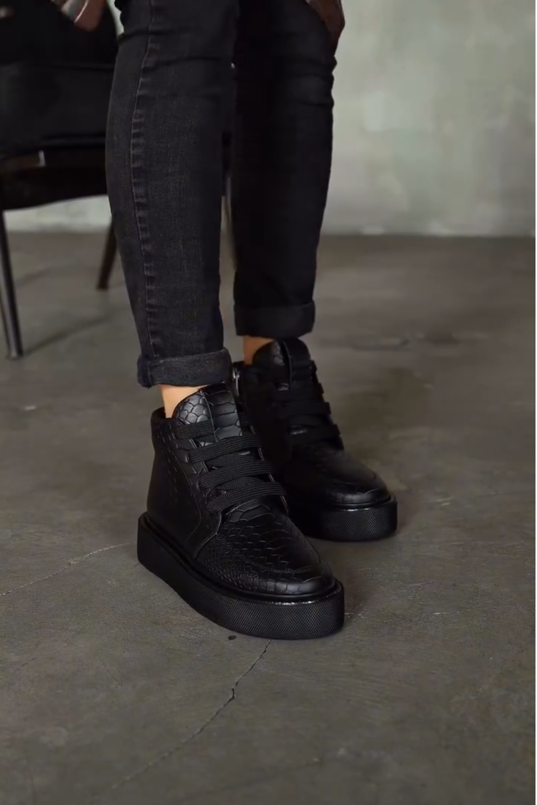 Black Croc Embossed Platform High Top Sneakers