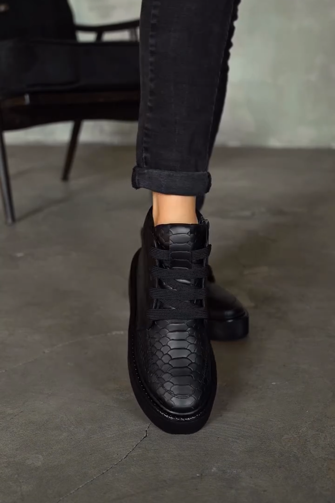 Black Croc Embossed Platform High Top Sneakers