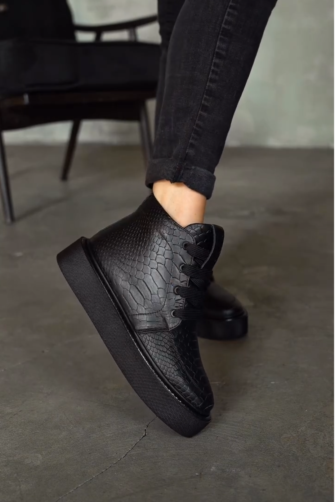 Black Croc Embossed Platform High Top Sneakers