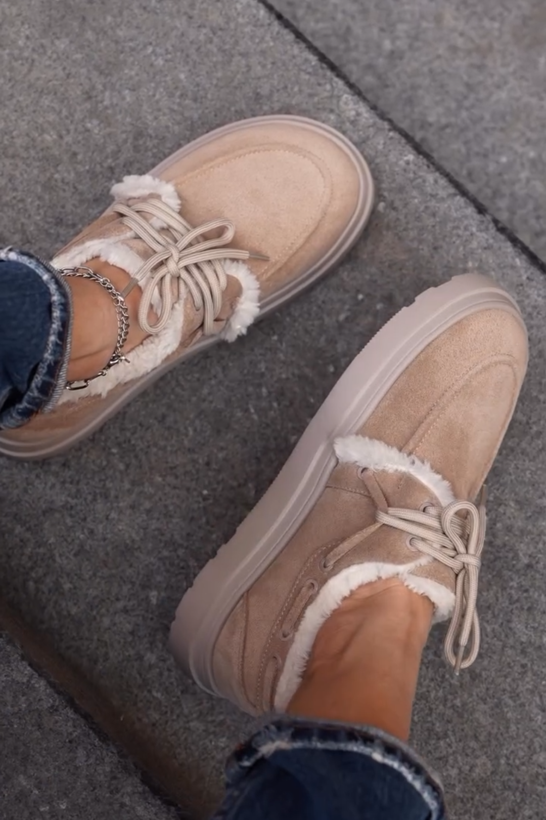 Cozy Beige Faux Fur - Trimmed Platform Sneakers