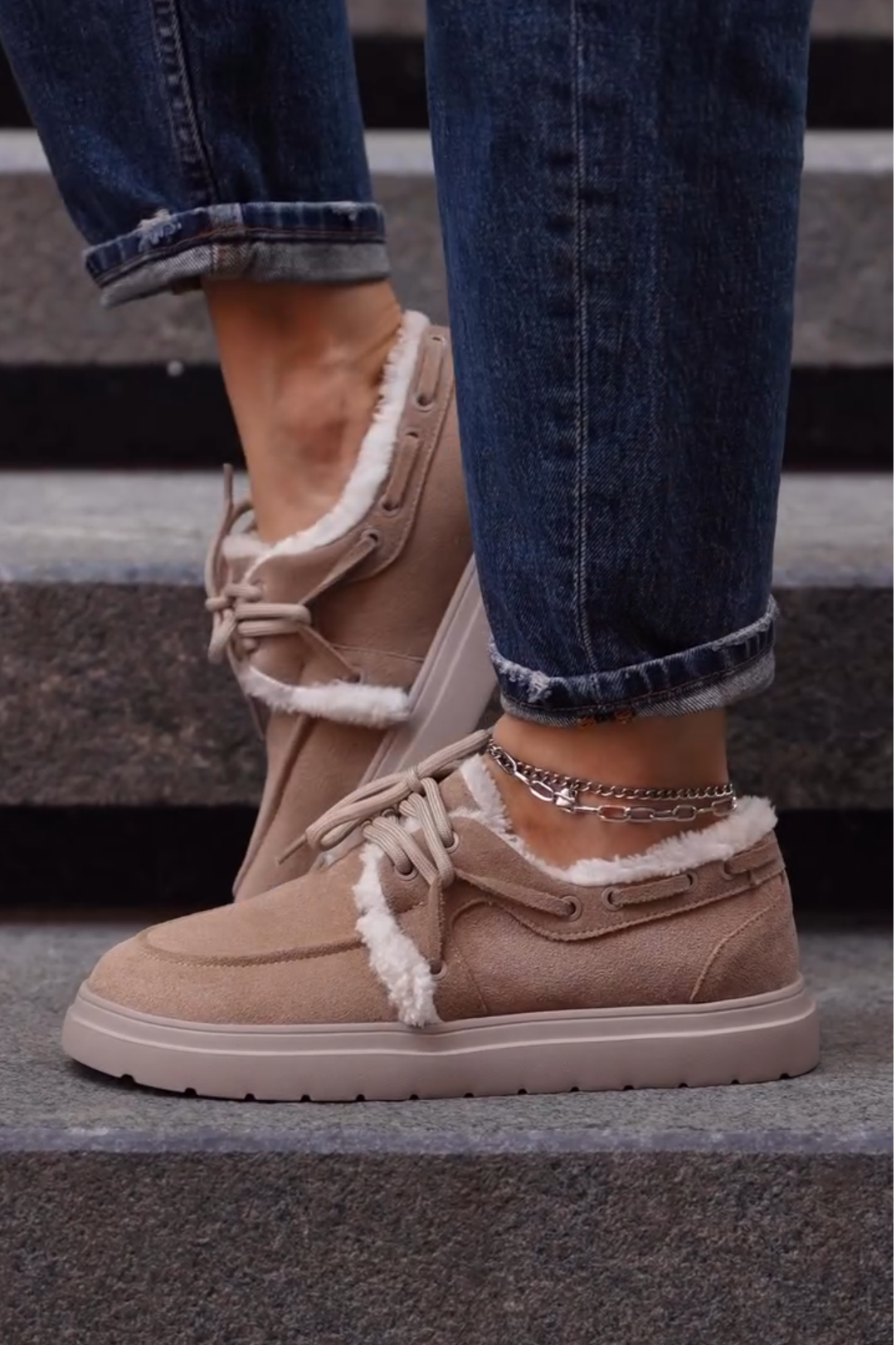 Cozy Beige Faux Fur - Trimmed Platform Sneakers