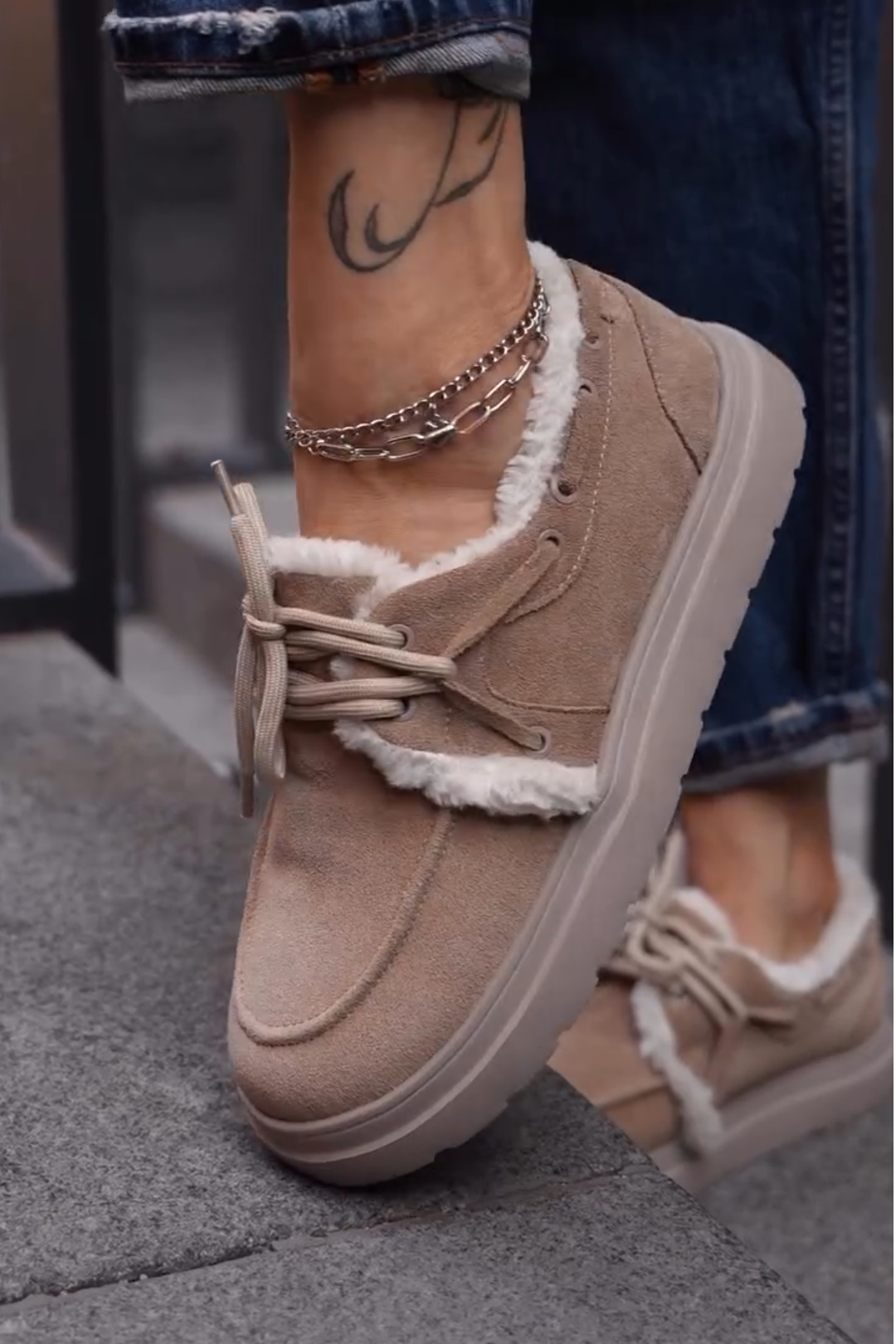 Cozy Beige Faux Fur - Trimmed Platform Sneakers