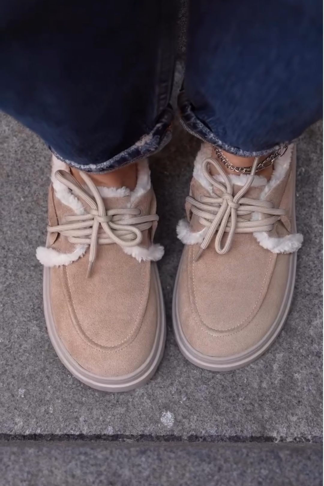 Cozy Beige Faux Fur - Trimmed Platform Sneakers