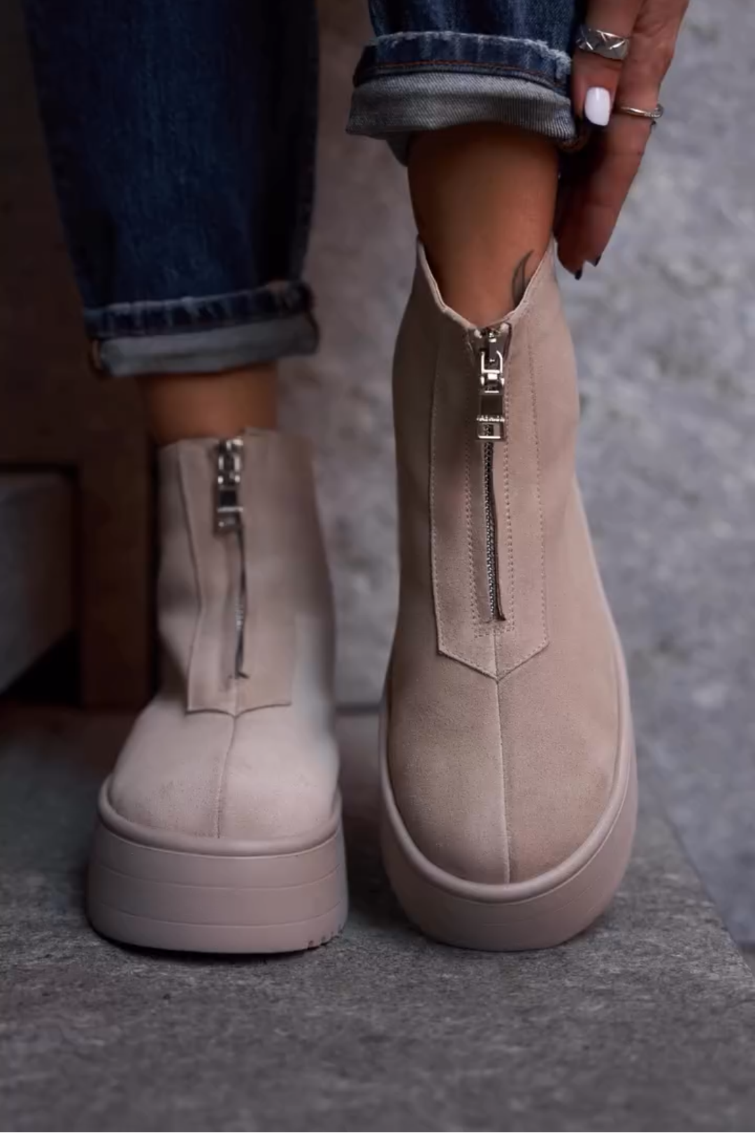 Beige Suede Platform Ankle Boots