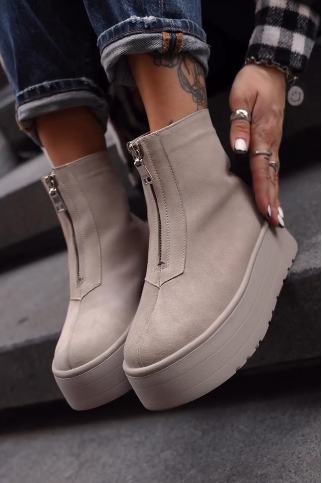 Beige Suede Platform Ankle Boots