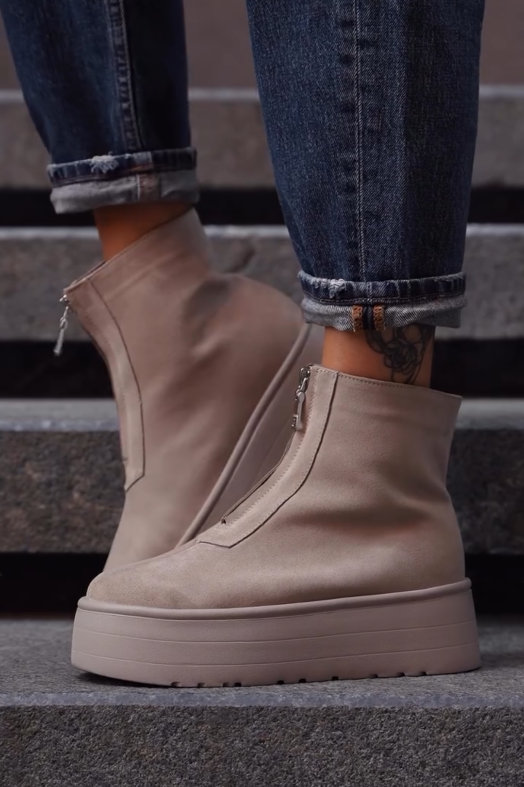 Beige Suede Platform Ankle Boots