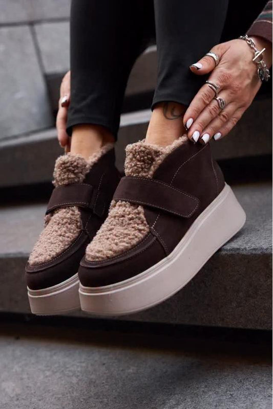 Brown Shearling Platform Sneakers