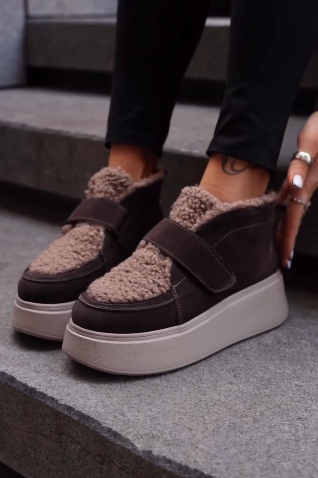 Brown Shearling Platform Sneakers