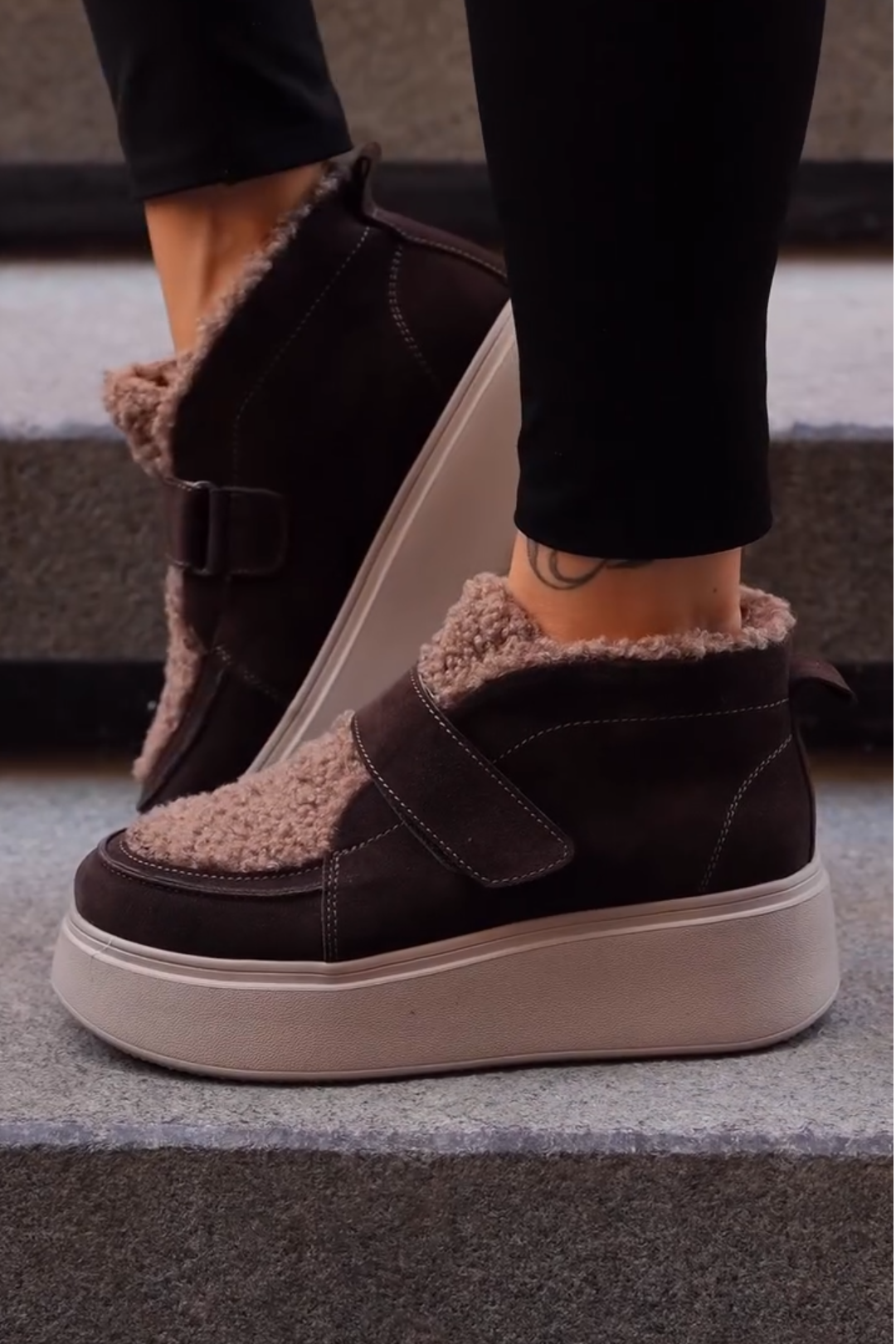 Brown Shearling Platform Sneakers
