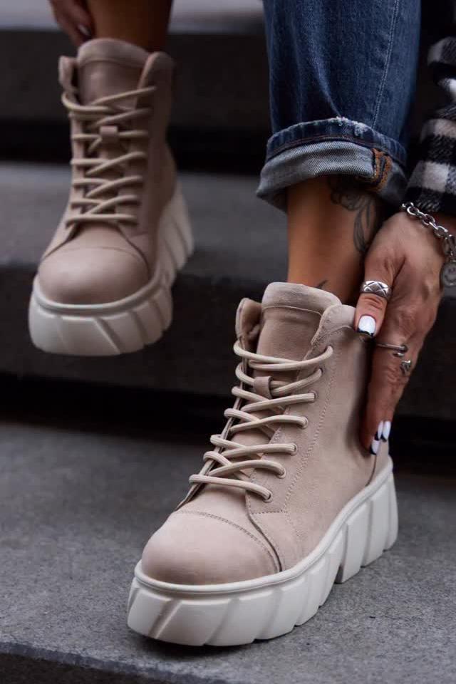 Beige Suede Chunky Platform Lace - Up Boots