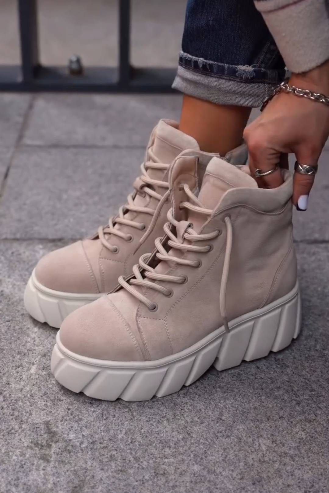 Beige Suede Chunky Platform Lace - Up Boots