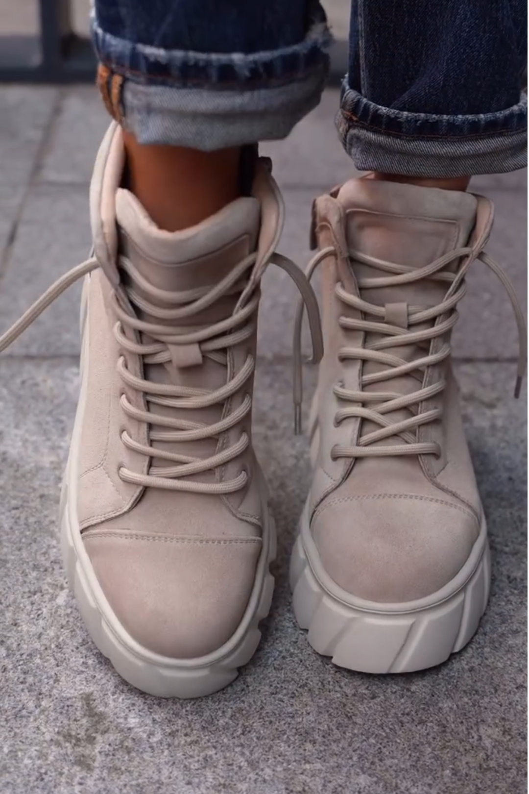 Beige Suede Chunky Platform Lace - Up Boots