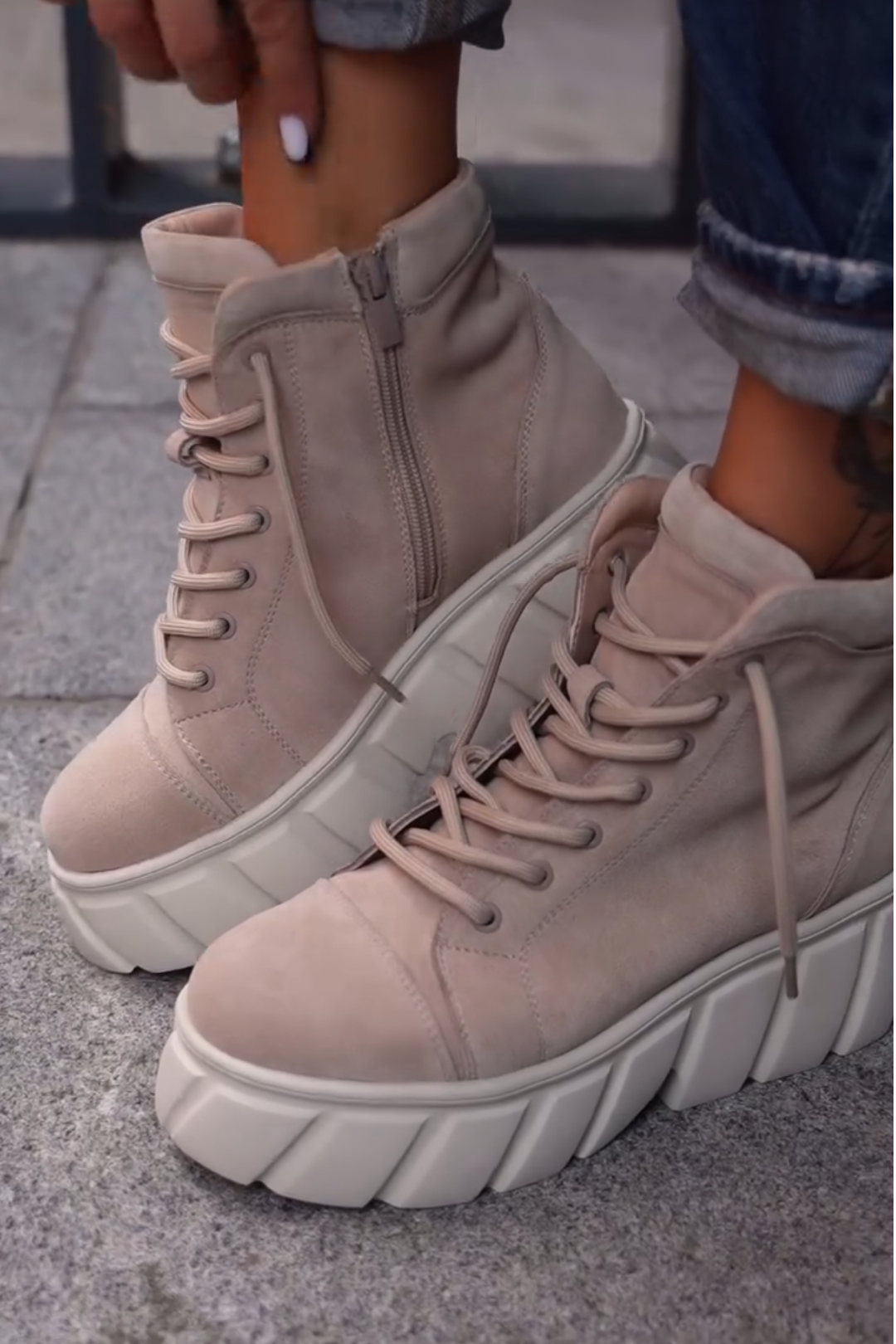 Beige Suede Chunky Platform Lace - Up Boots