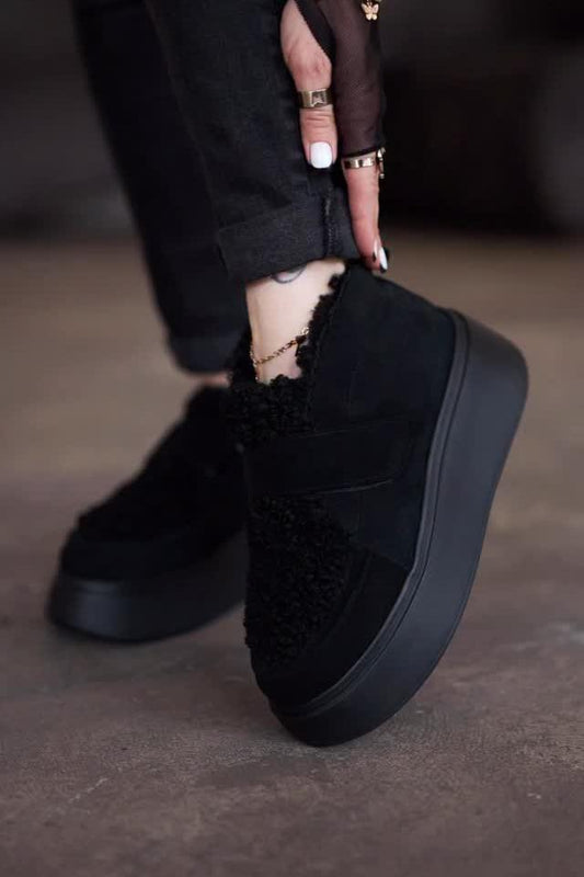 Black Shearling - Trimmed Platform Velcro Sneakers