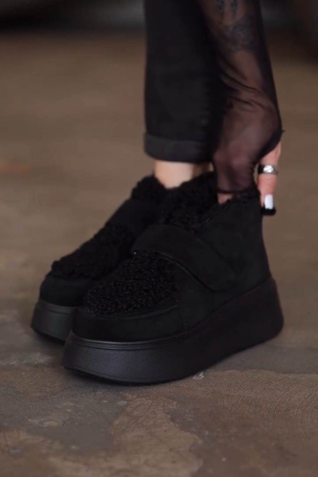 Black Shearling - Trimmed Platform Velcro Sneakers