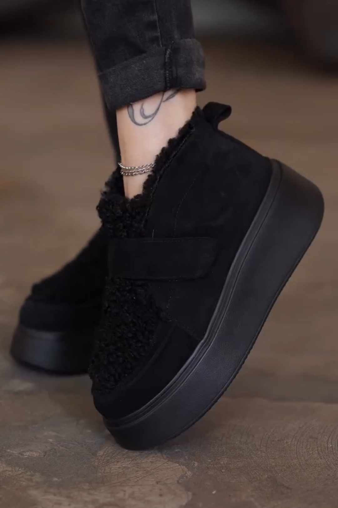 Black Shearling - Trimmed Platform Velcro Sneakers