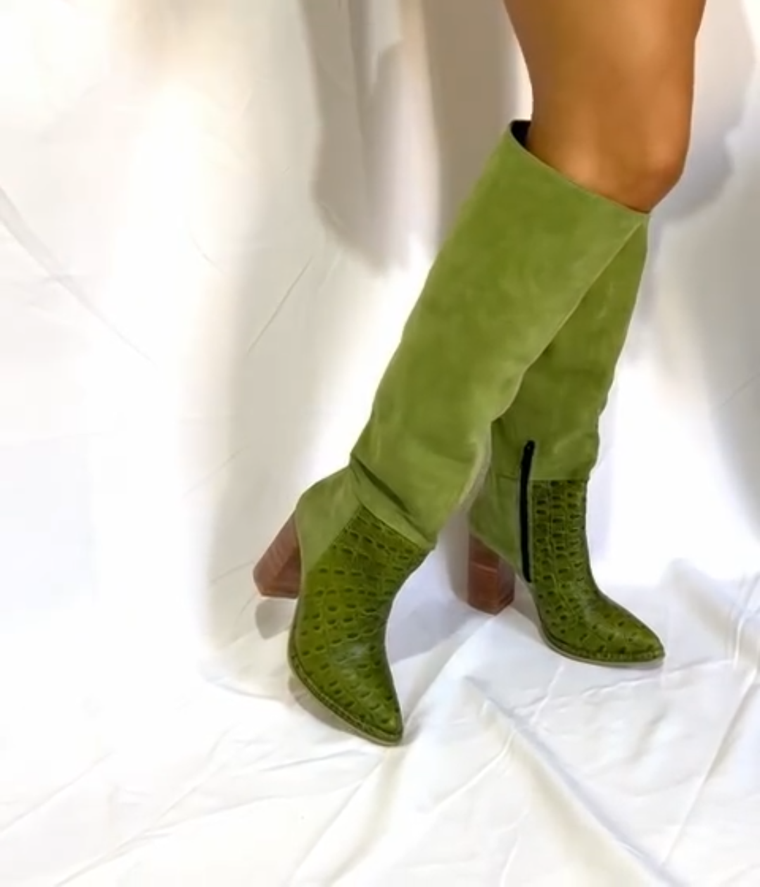 Olive Green Croc - Embossed Knee - High Boots