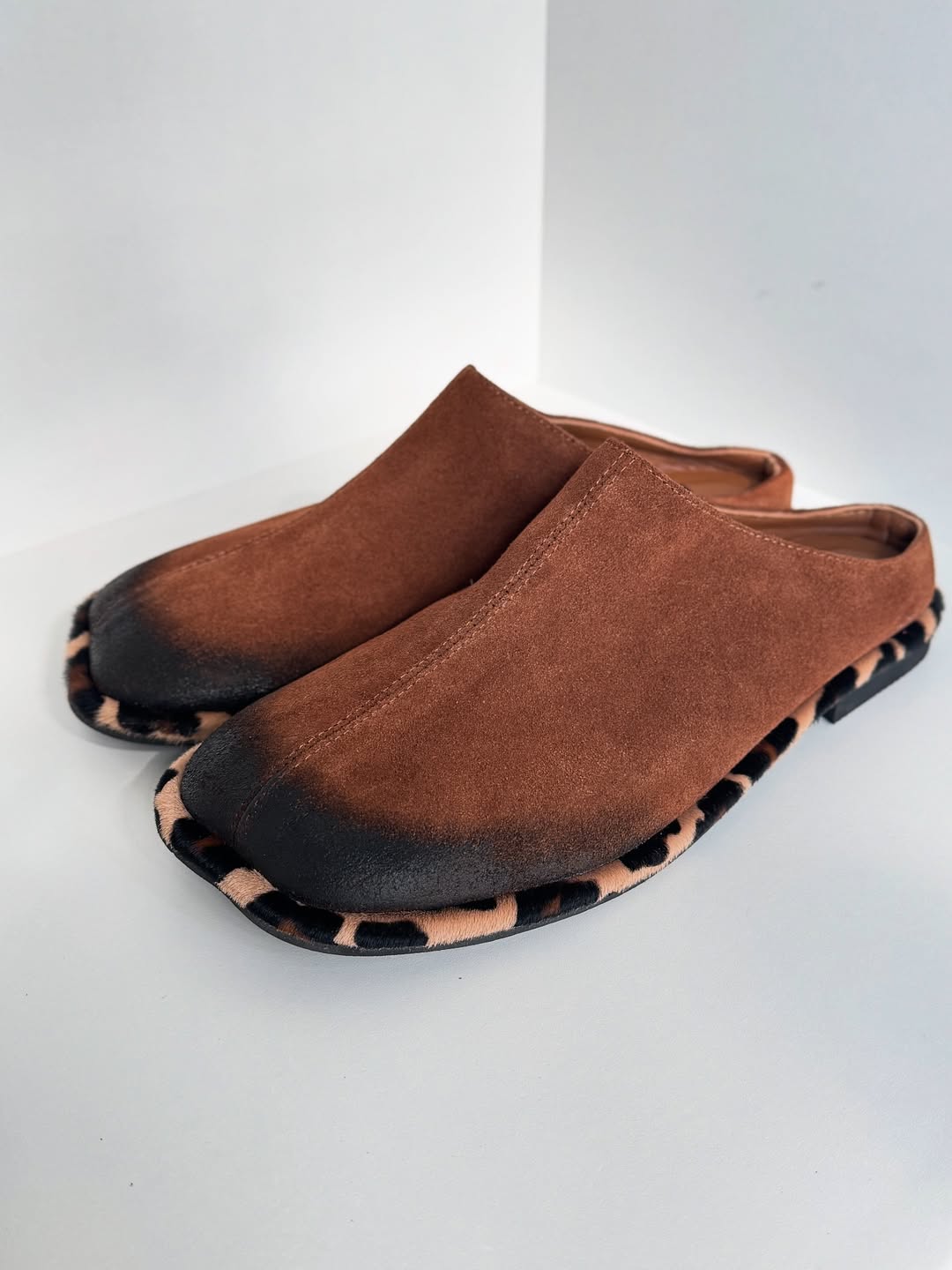 Brown Suede Mules with Leopard Trim