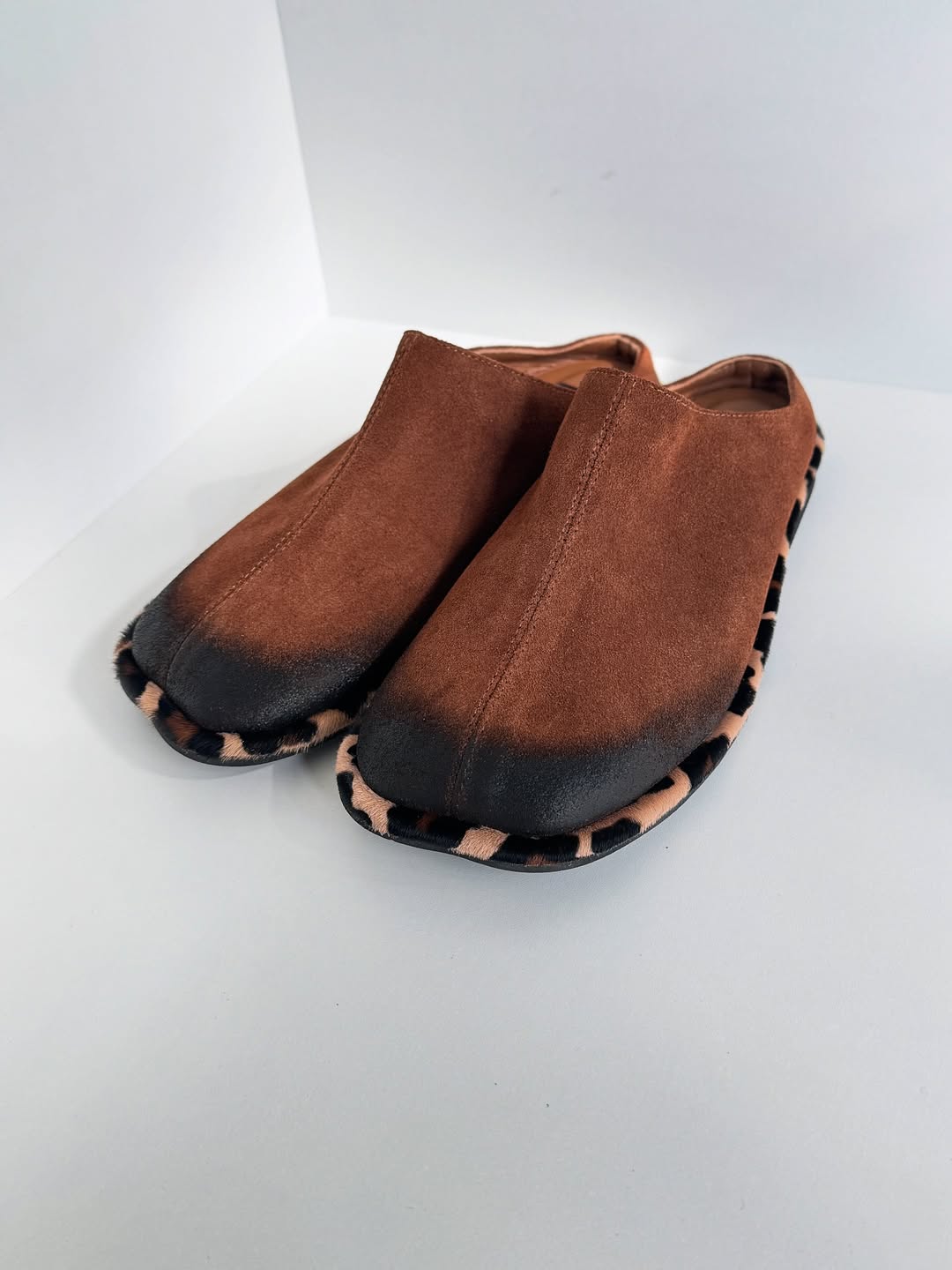 Brown Suede Mules with Leopard Trim