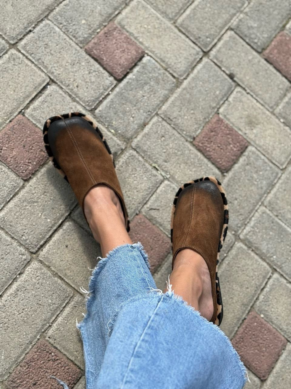 Brown Suede Mules with Leopard Trim