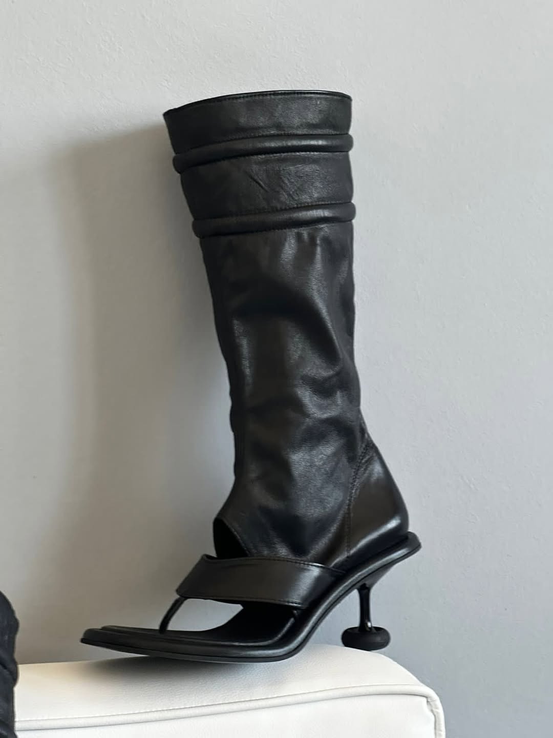 Black Leather Peep - Toe Knee - High Boots
