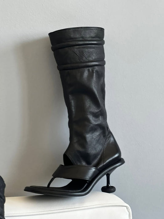 Black Leather Peep - Toe Knee - High Boots