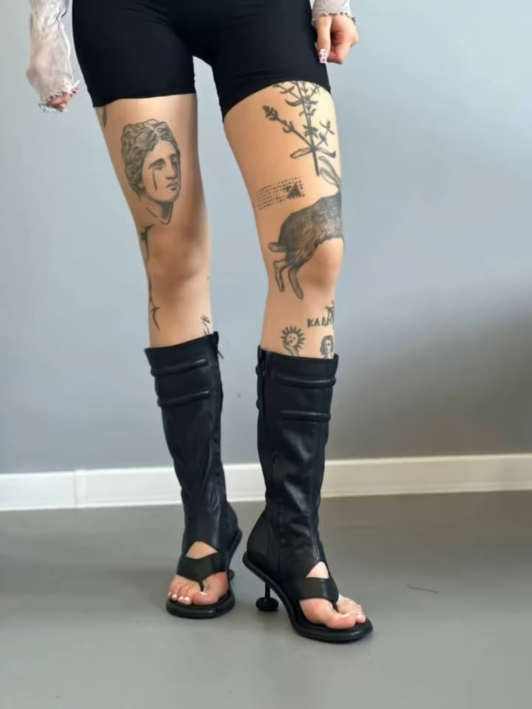 Black Leather Peep - Toe Knee - High Boots