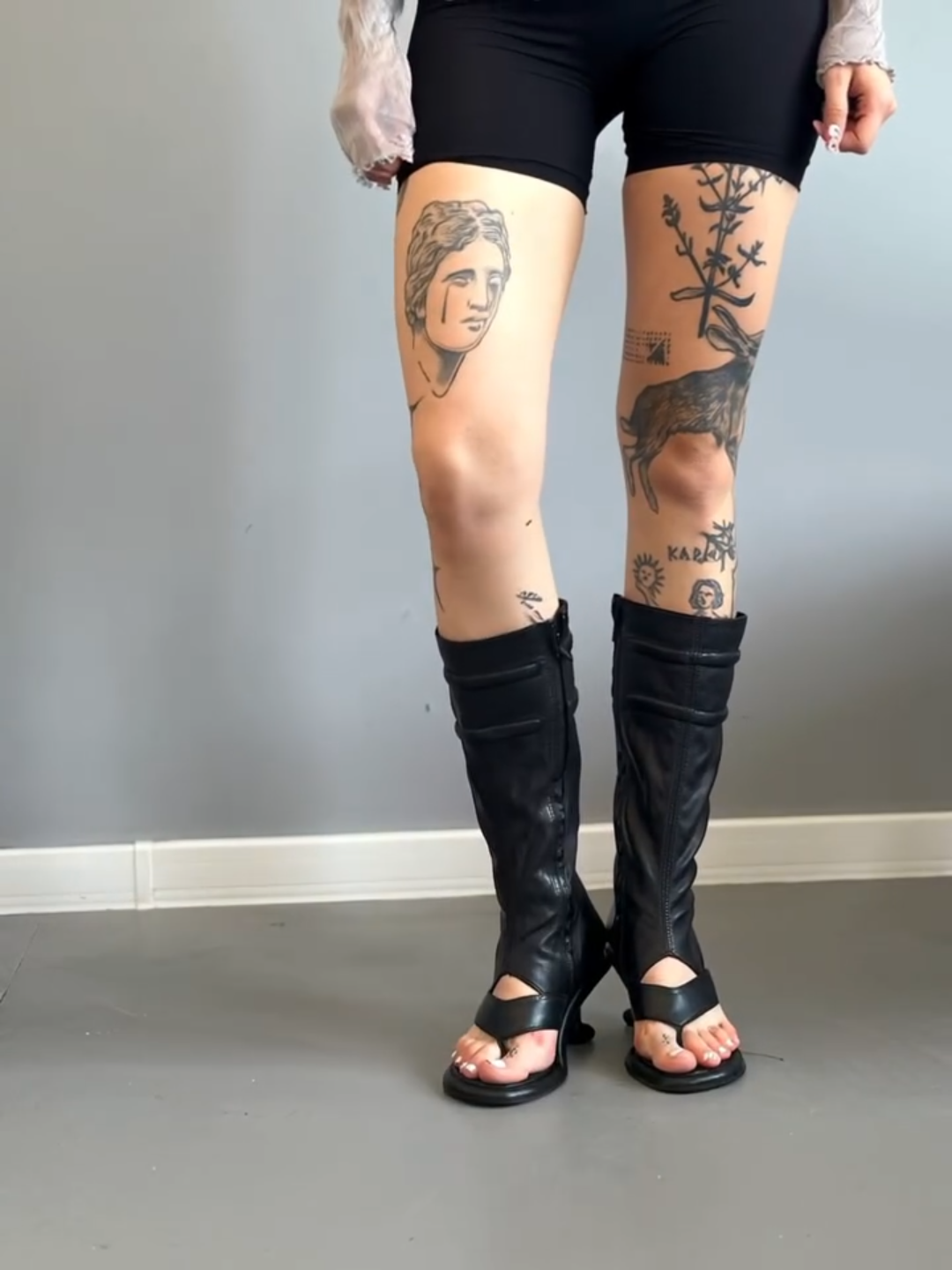 Black Leather Peep - Toe Knee - High Boots