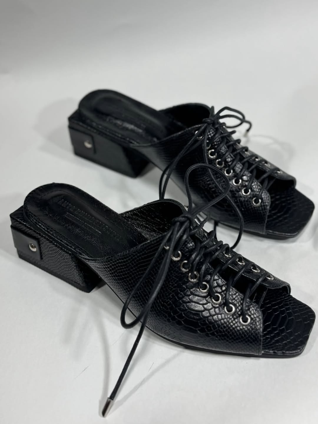 Black Snakeskin Lace - Up Mules