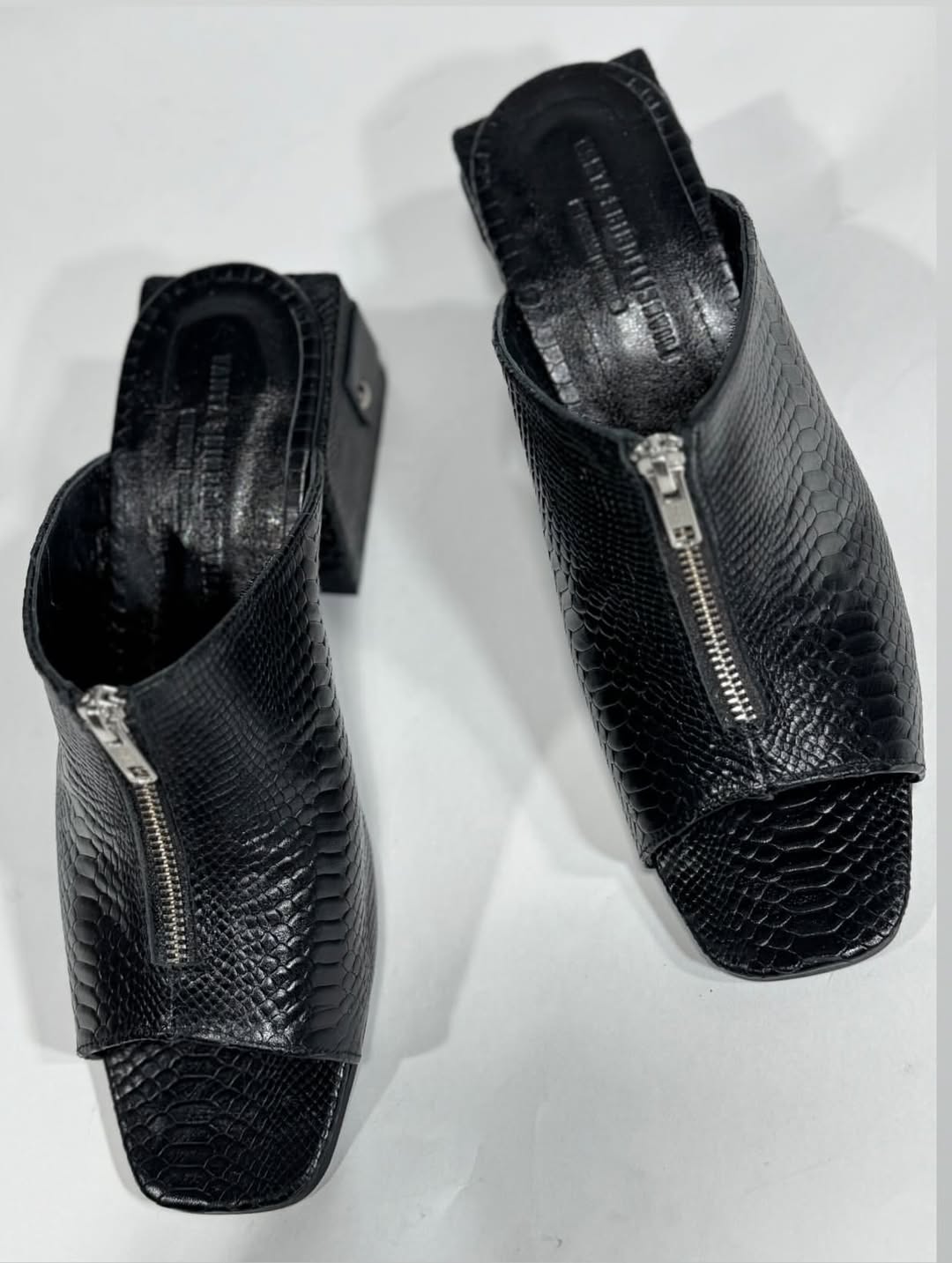 Black Snakeskin Lace - Up Mules