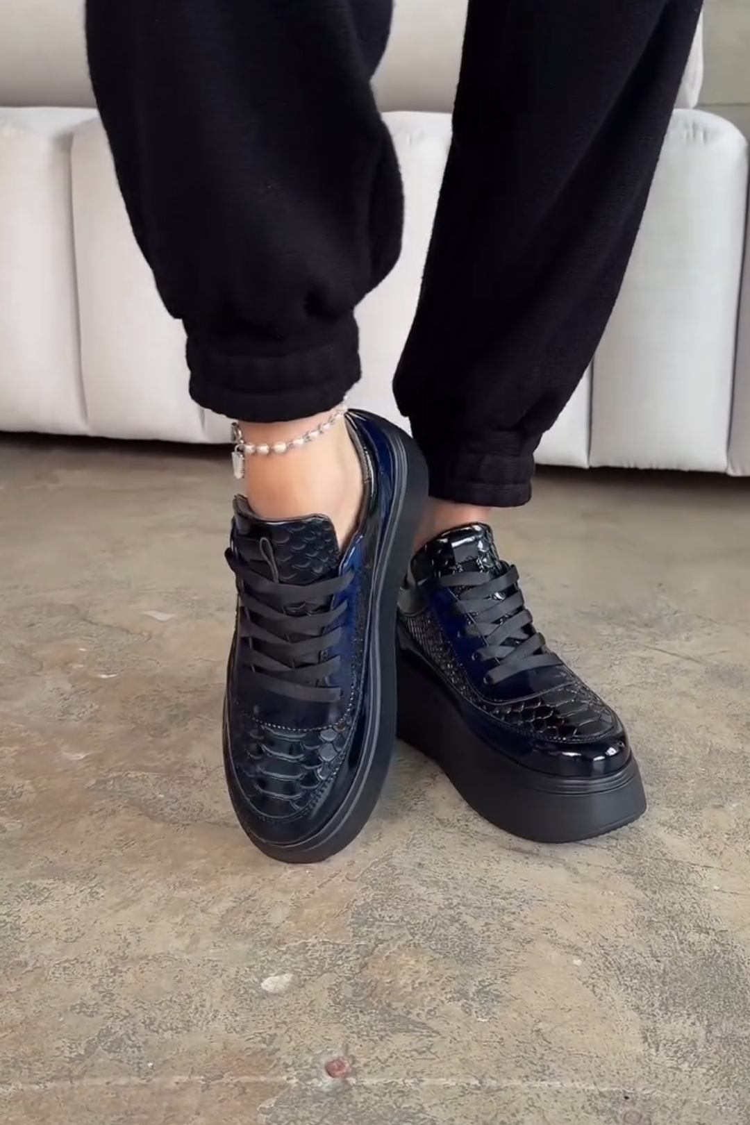 Snakeskin - Embossed Patent Platform Sneakers