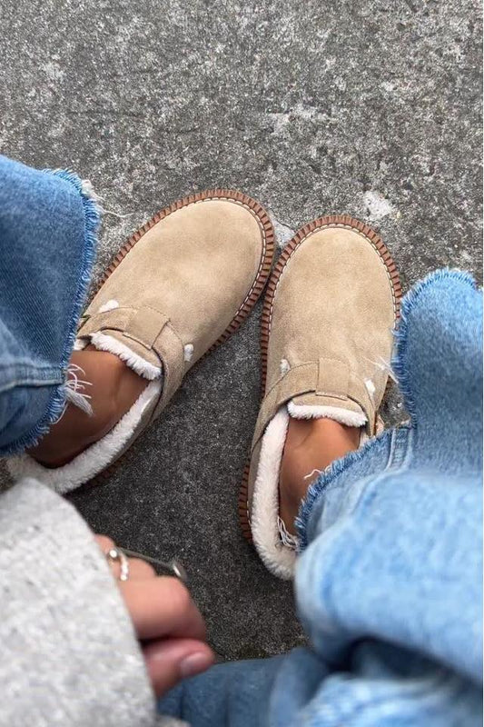 Beige Suede Faux Fur - Lined Loafers