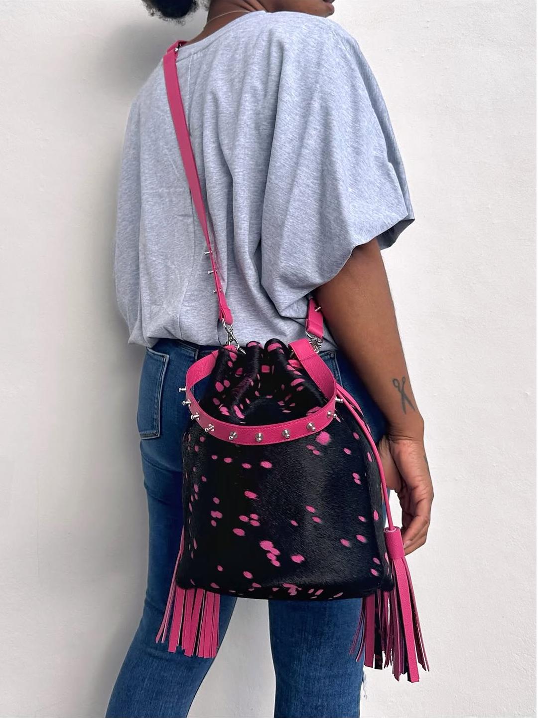 Pink Dot Fringe Bucket Bag