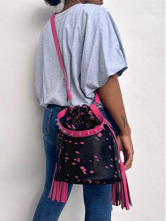 Pink Dot Fringe Bucket Bag