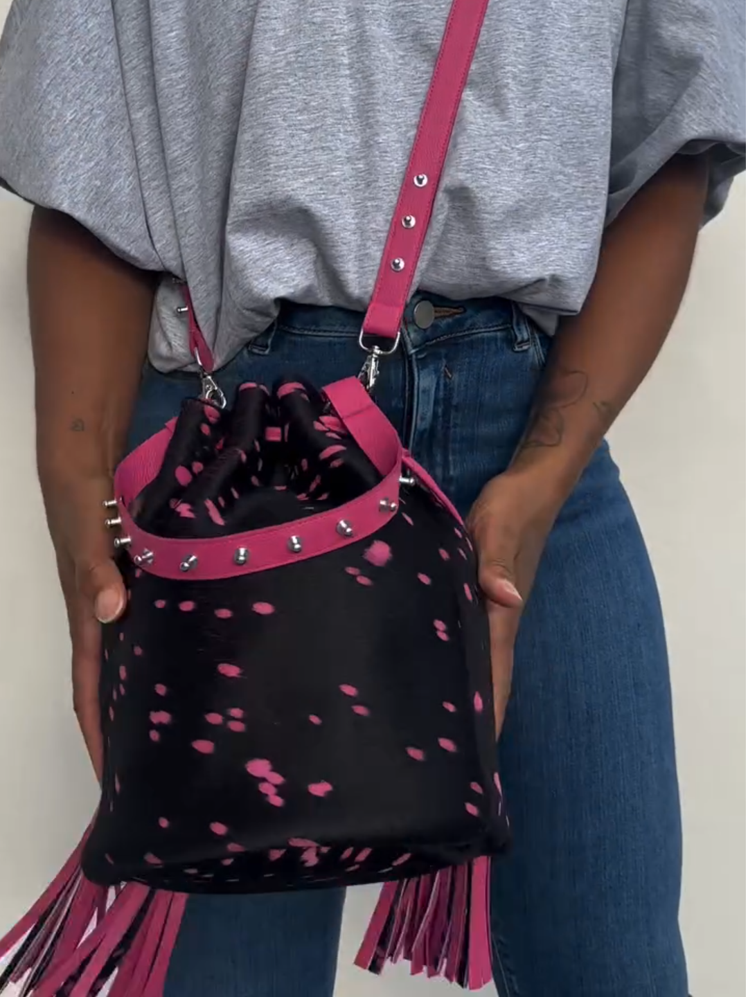 Pink Dot Fringe Bucket Bag