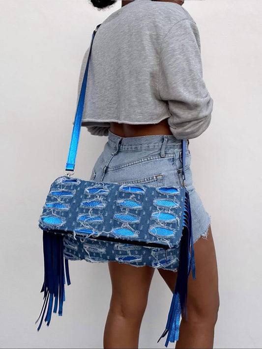 Distressed Denim Fringe Crossbody Bag