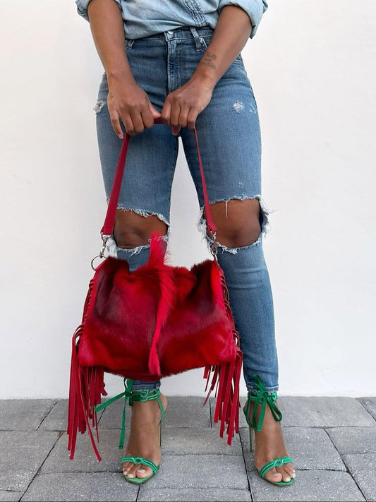 Red Fringe Fur Tote Bag